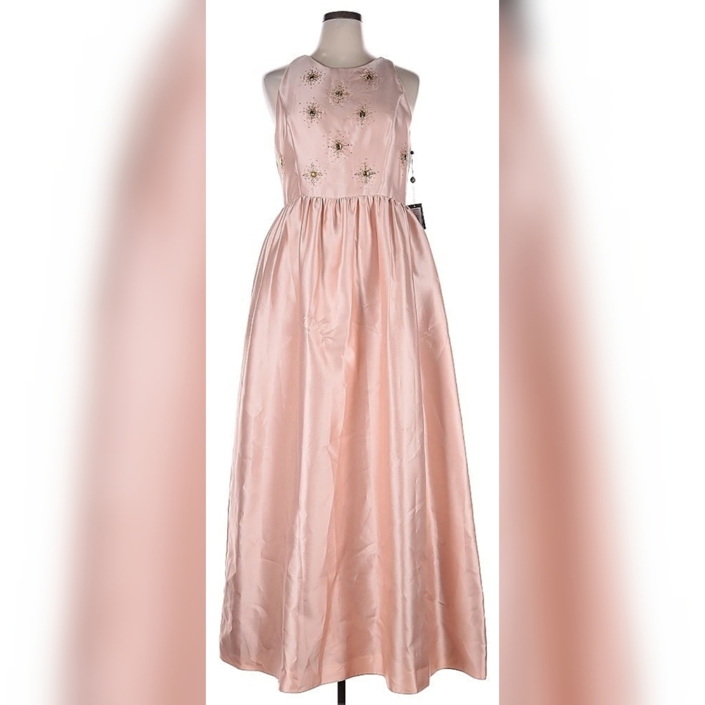 Adrianna Papell Blush Pink Peach Sleeveless Gown with Gold Embellishments NEW